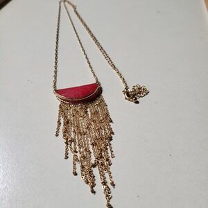 Boho Fringe Tassel Necklace OS Red Gold Statement Stone